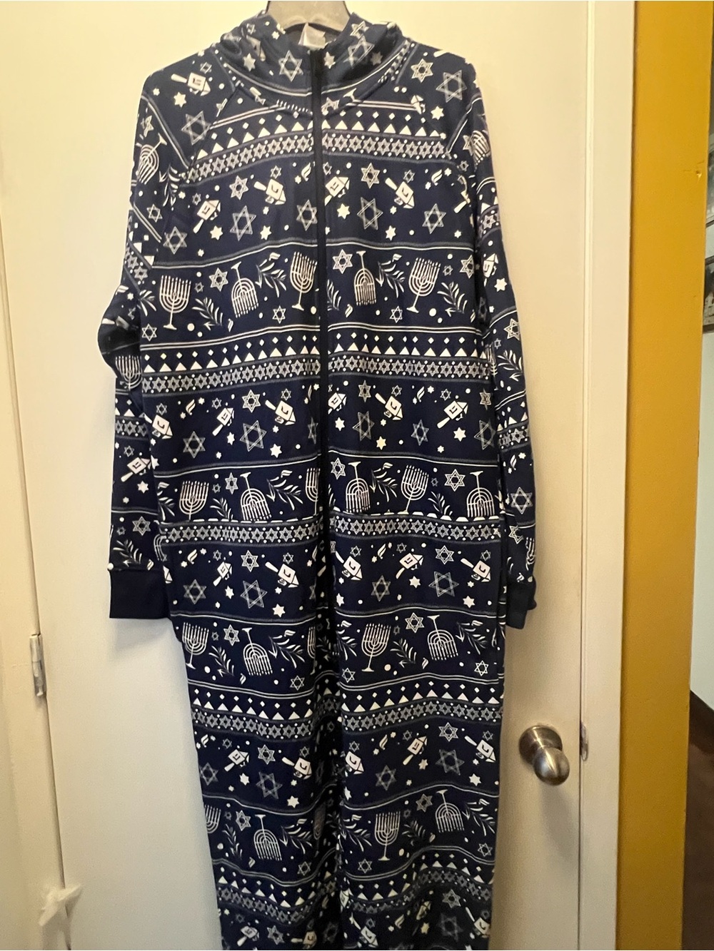 Fabletics Navy and White Hanukkah Print Zip-Front Pajama Onesie